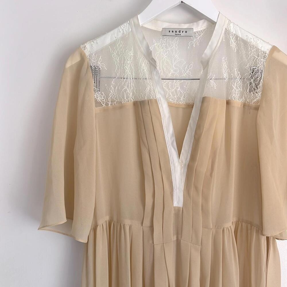 SANDRO Paris Beige and White Silk Popover Short Sleeve Midi Dress Size M - Picture 2 of 5